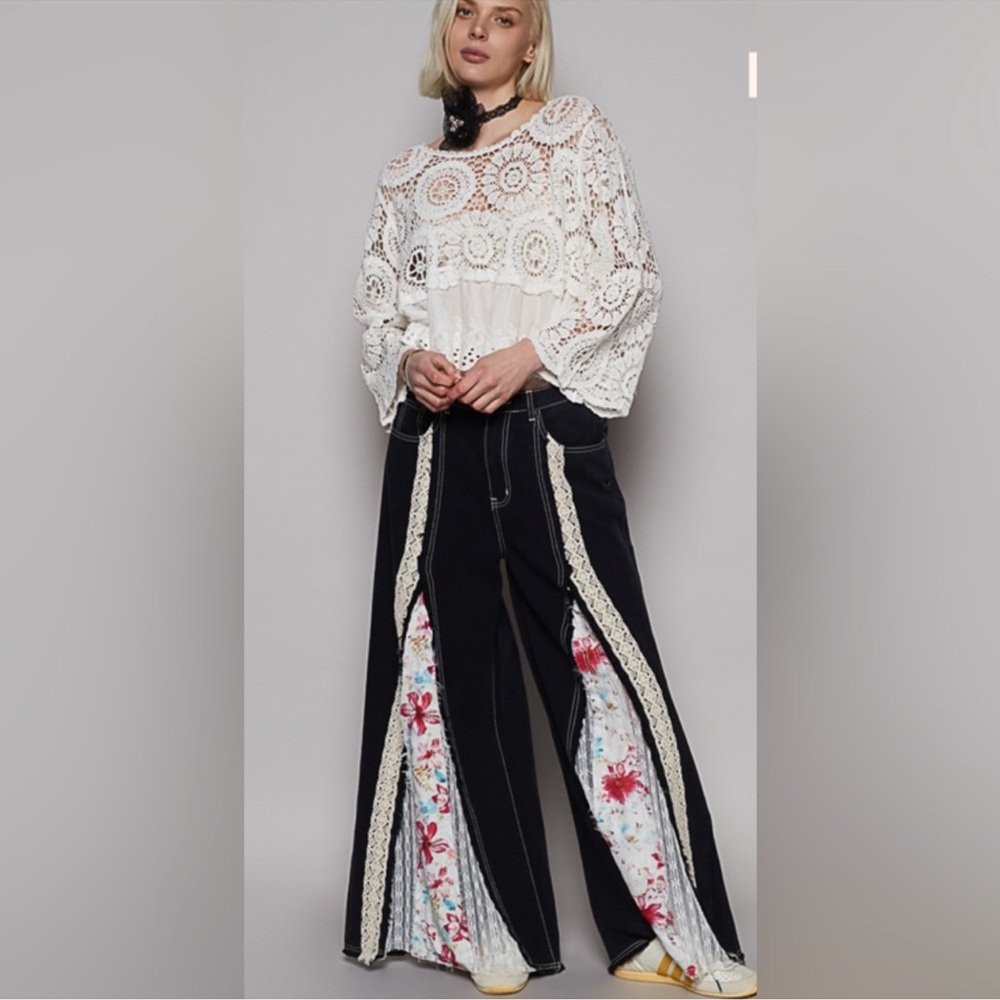 POL Wide-Leg Patchwork Pants with Floral Insets - Black & White